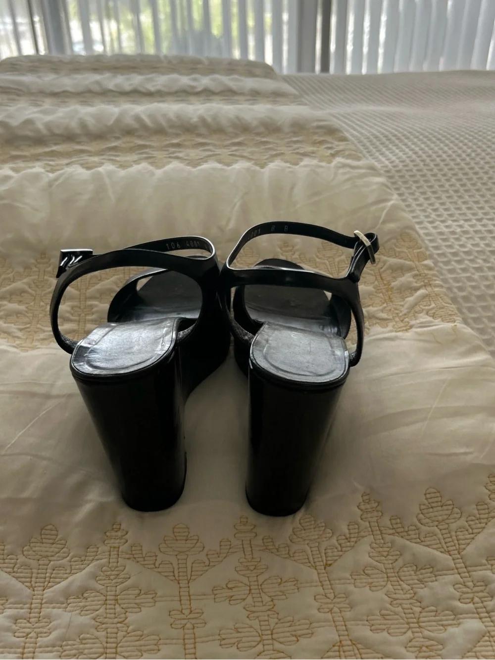 Gucci Black Patent Platform Wedge Sandals with Wood-Look Sole